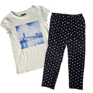 Gap Kids Girls 2pc Outfit L/10 Light Up the Sky Cityscape Tee Navy Star Leggings